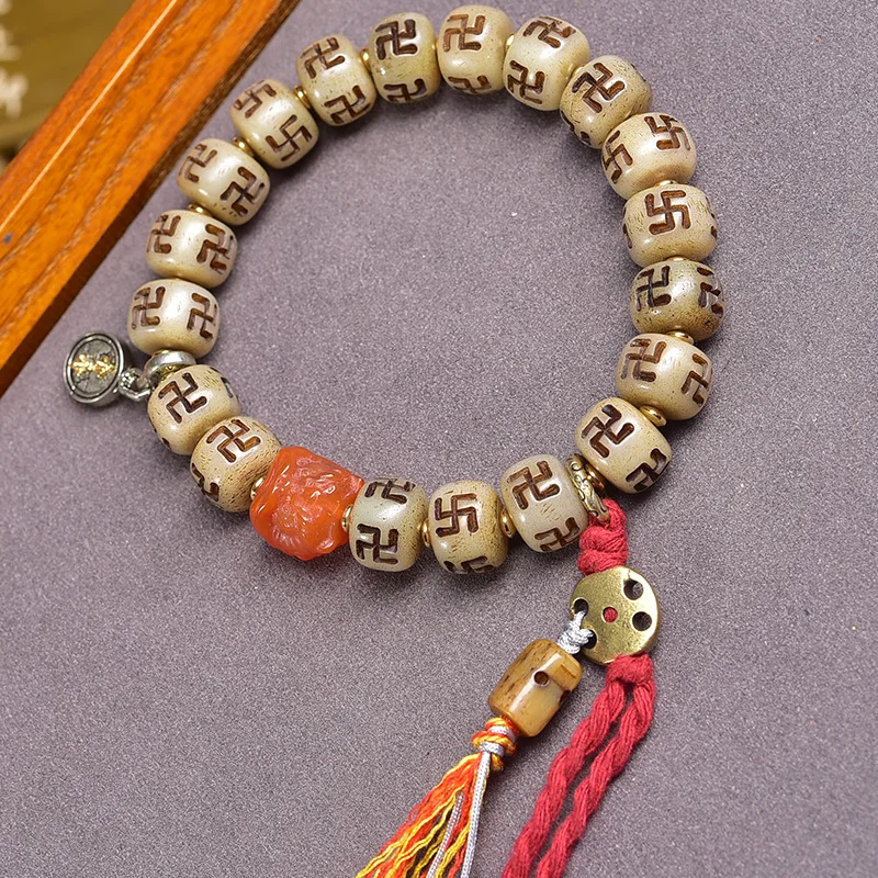 Tibetan Style Camel Bone Carved Swastika Mala Beads Bracelet Vintage Unisex Multilayer Prayer Beads Bracelet Good Luck Blessing