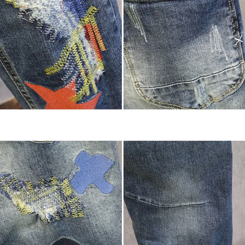 Pantalones vaqueros rasgados elásticos Retro para hombre, Jeans rasgados, diseño bordado, parcheado, Hip Hop, moda urbana, azul