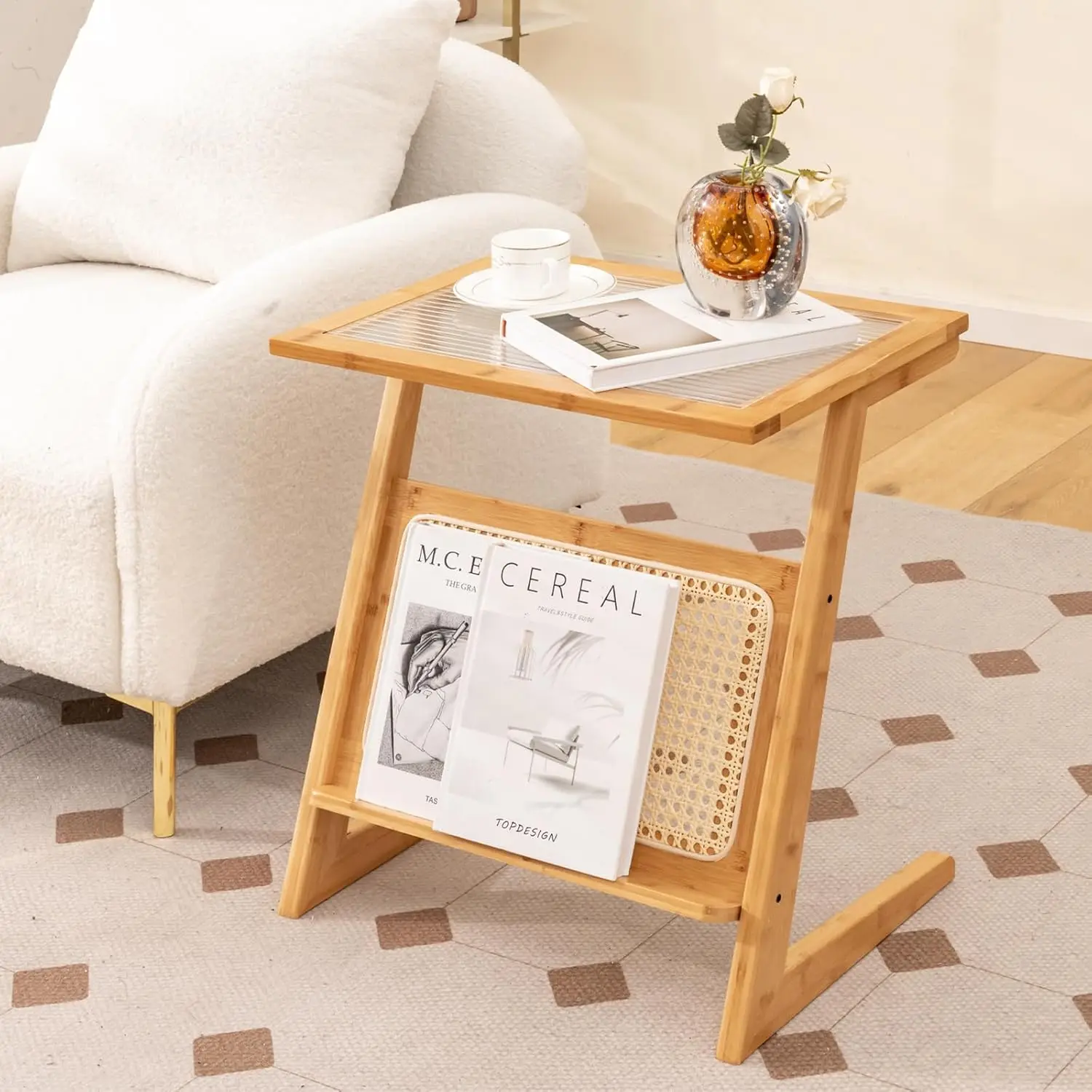 Rattan Side Table, Z-Shaped End Table with Magazine Rack, Bamboo Sofa Side Accent Table with Glass Top,