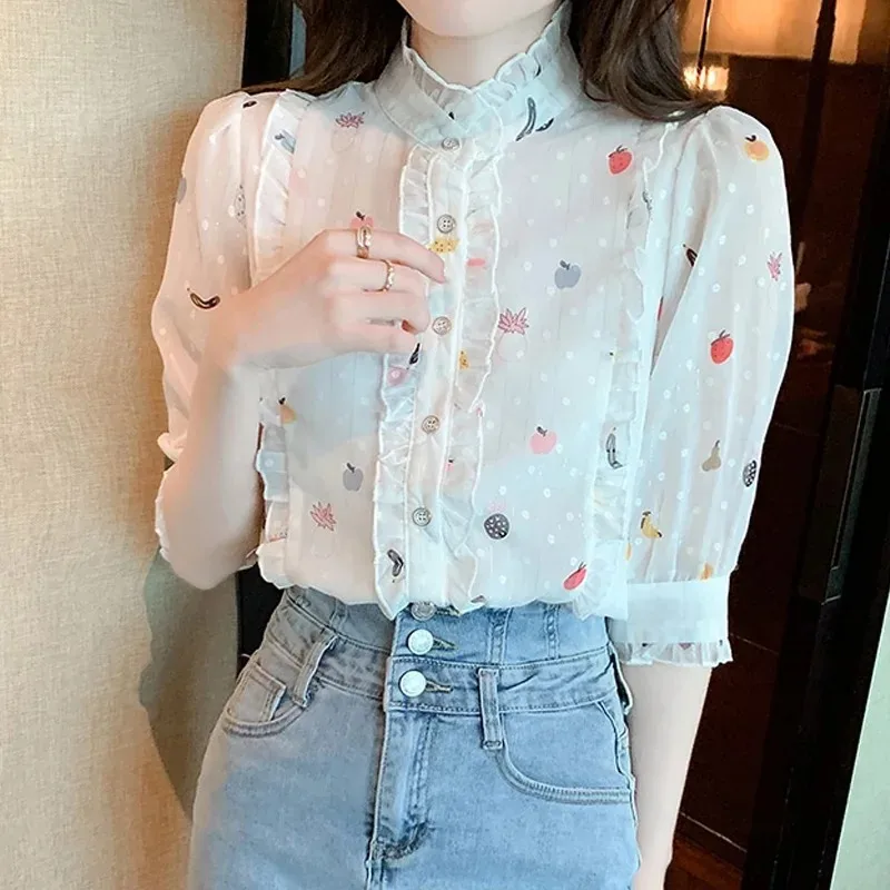 Women\'s Sweet Floral Print Chiffon Blouse, Half Sleeve Tops, Casual Clothes, Edible Tree Fungus Collar, White, Summer, 27476