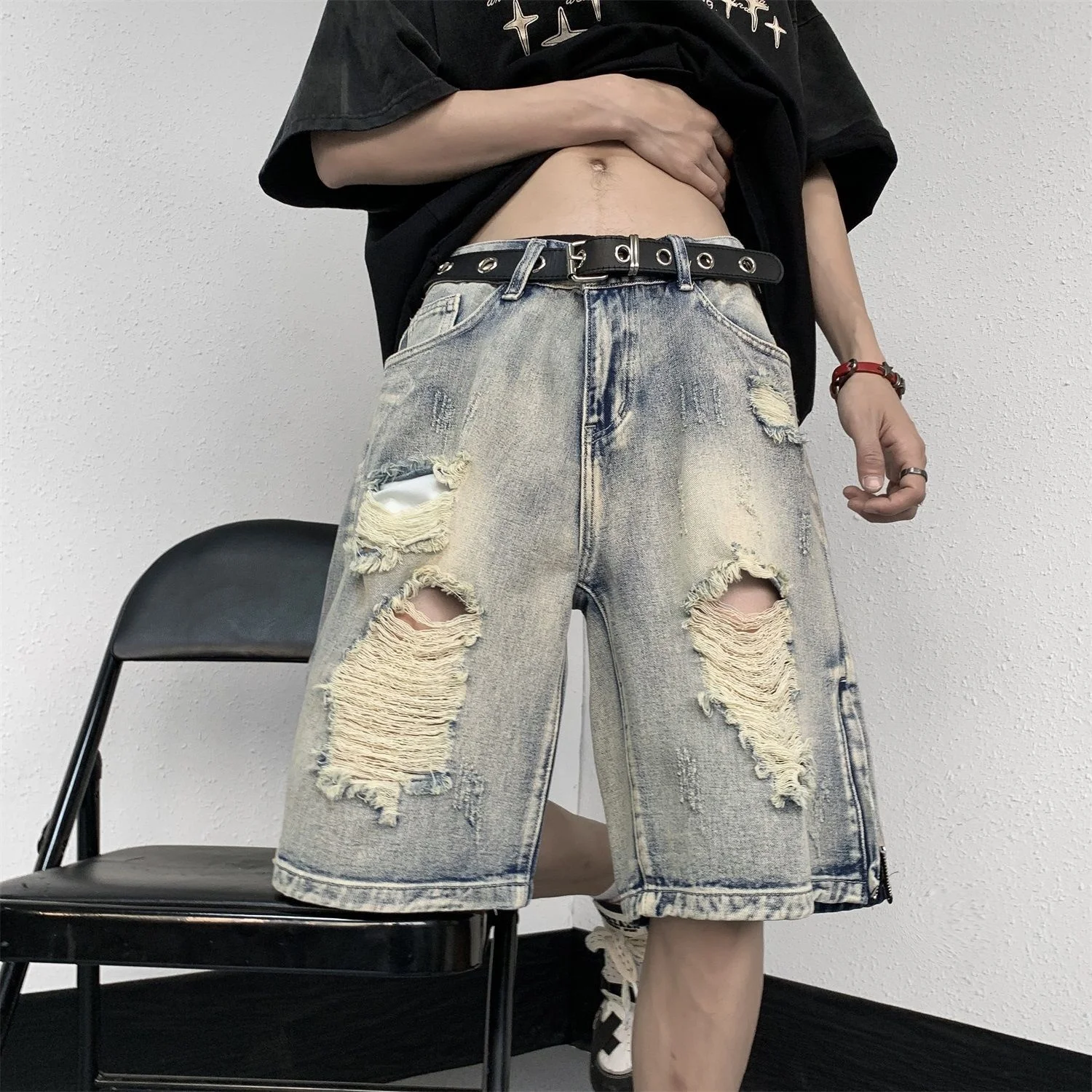 

2023 Summer New Men's Ripped Short Jeans Streetwear Big Hole Fashion Vintage Blue Slim Denim Shorts Brand Clothes