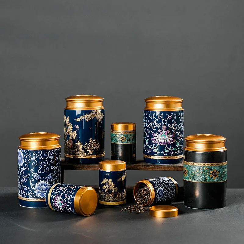 

High-grade Ceramic Tea Cans Small Portable Metal Lid Sealed Cans Coffee Beans Nuts Black Tea Storage Cans Home Food Containers