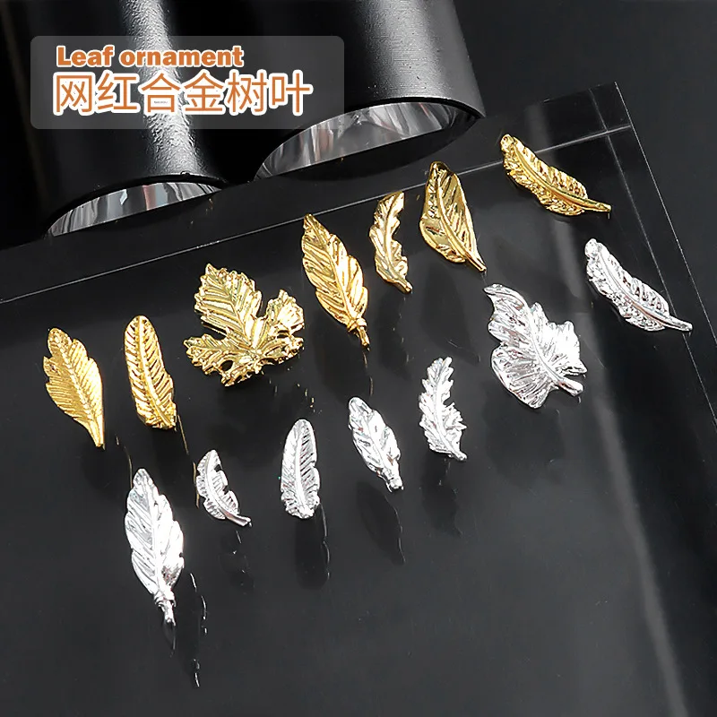 30PCS Gold SIlver Whorled Textured Feather Ginkgo Maple Leaves Alloy Nail Art Rhinestones Decorations Slice Manicure Ornmanets