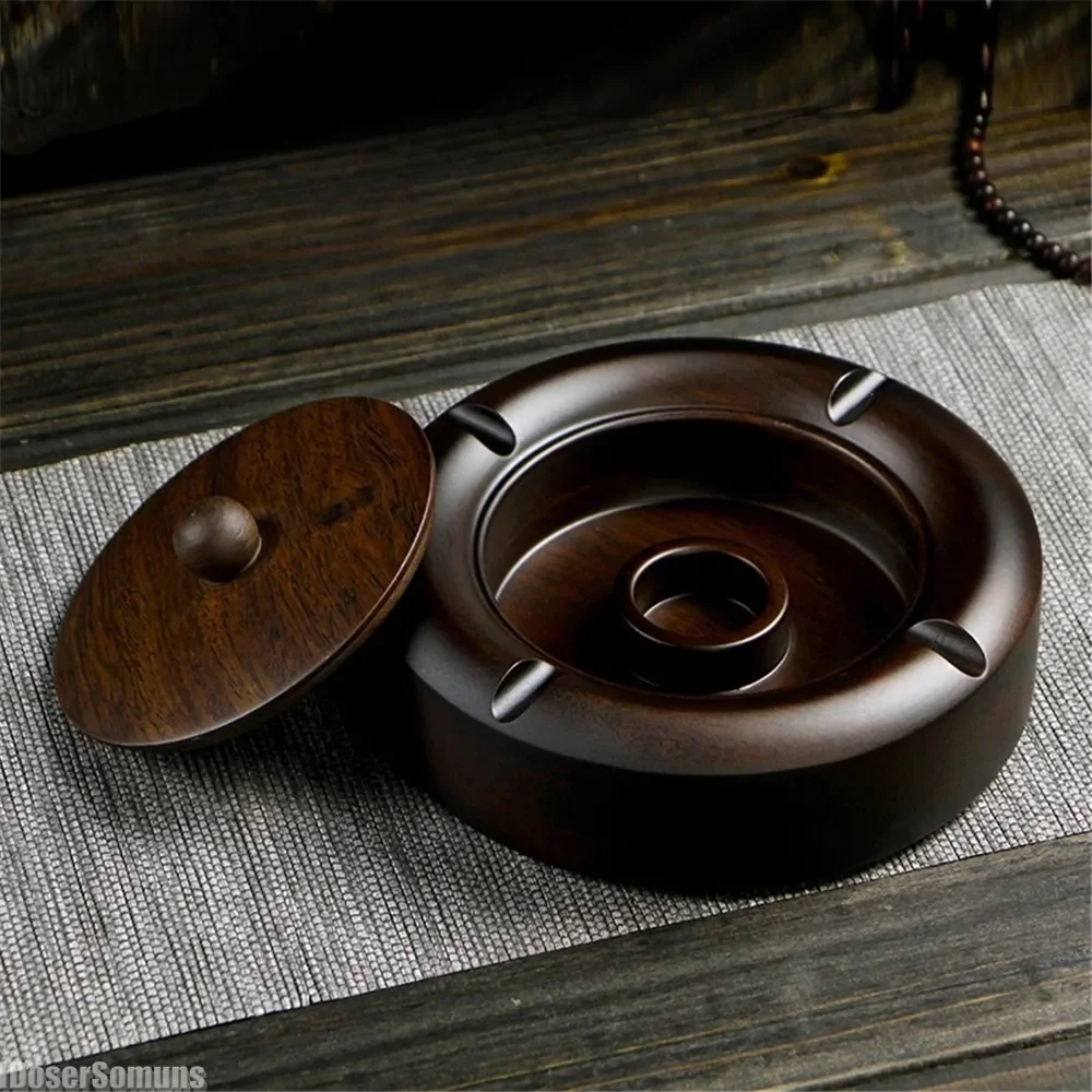 Ebony Solid Wood Ashtray Creative with Cover Large Chinese Style Personality Home Living Room Office Decoration Ornaments