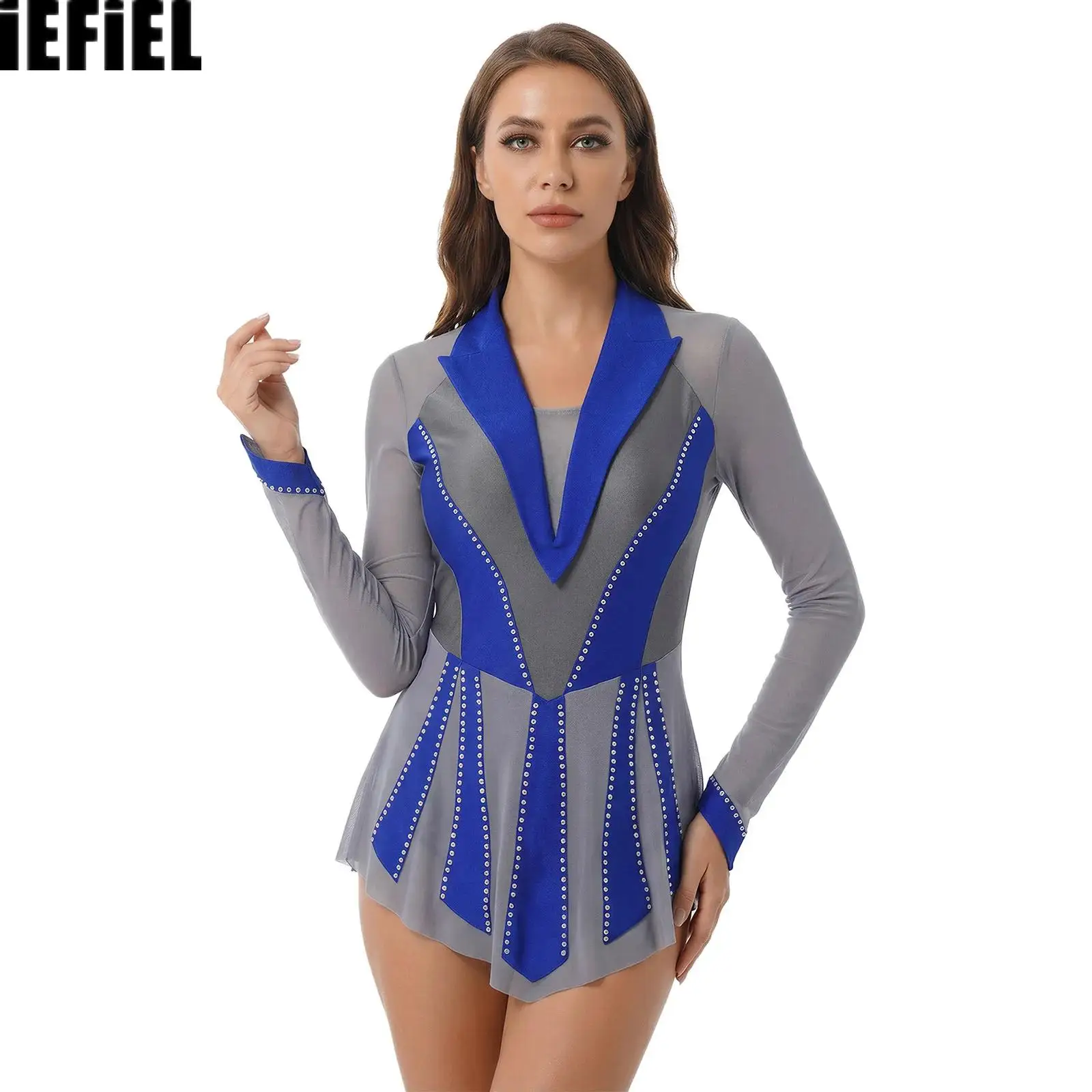 

Women Ruffled Dresses Glittery Rhinestone Lyrical Sheer Mesh Patchwork Contrast Color Built In Briefs for Figure Skating