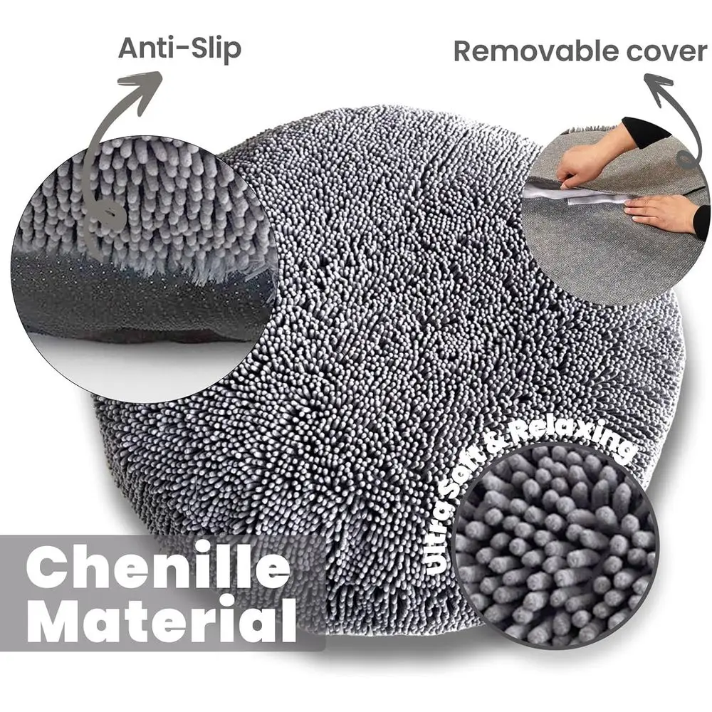 Cama redonda cinza de chenille média para cães e gatos, macia e relaxante, capa removível lavável, 35 x 35 polegadas
