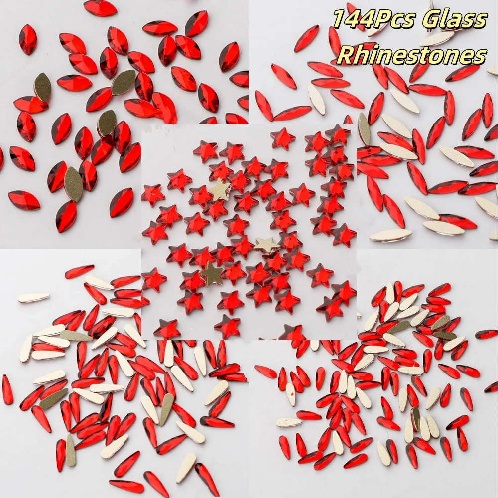 

144Pcs Various Shapes Glitter Glass Red Rhinestones Hight Quality Golden Bottom Crystal Hotsale Nail Art Diamond For Crafts DIY