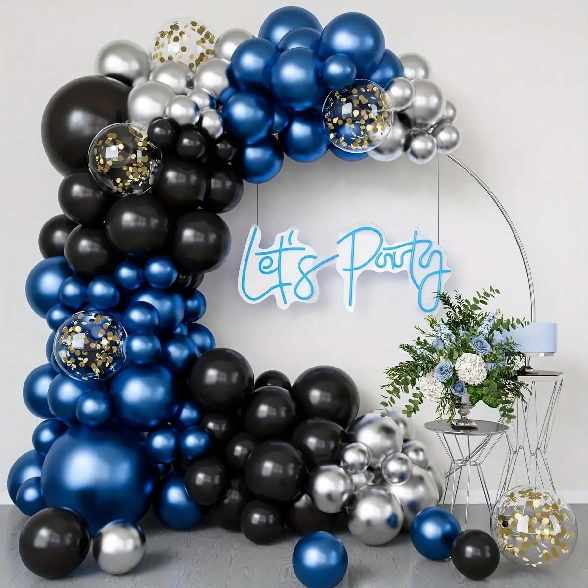 Metallic Blue And Black Balloon Arch Garland Kit- Metallic Silvery Balloon Golden Sequin Balloon For Birthday Gender Reveal