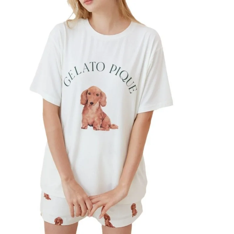 2024 Summer Home Fury Set Cute Dog Simple Short Sleeved T-shirt Women\'s Shorts Two Piece Set Can Be Worn As Pajamas