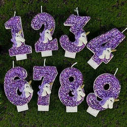 Vela de aniversário do unicórnio para crianças, número velas, espumante roxo, bolo Toppers, decoração do partido