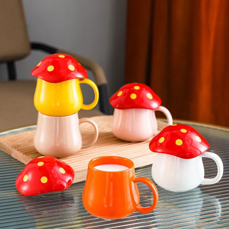 300ml Cartoon Mushroom Ceramic Cup with Lid Ceramic Mug Coffee Cup Color Box Gift Cup Creative Big Belly Mug