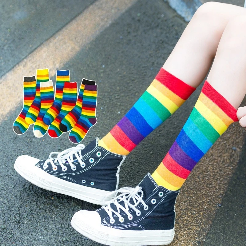 

7 Pairs Women's Mid Length Stocks Autumn and Winter Korean Style Long Rainbow Multi-color Striped Cotton Socks High Quality 2025