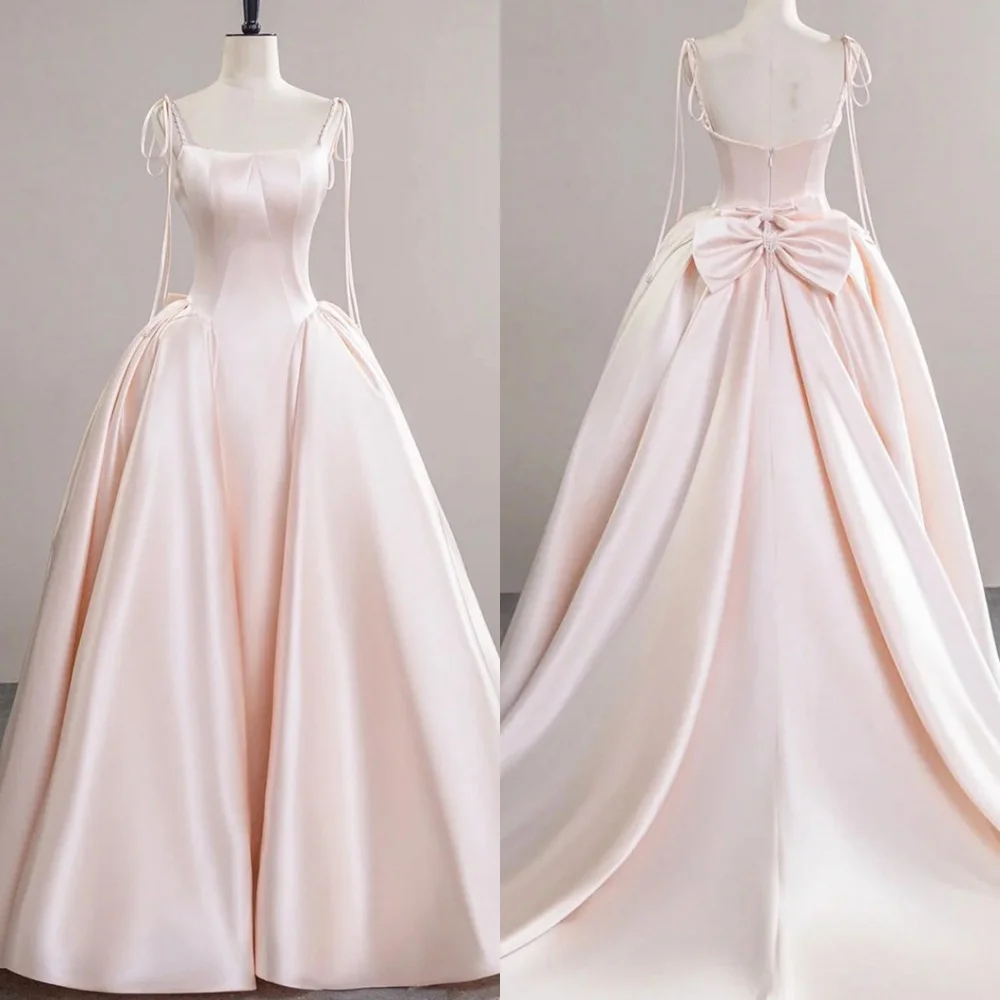 

Элегантное розовое атласное вечернее платье по индивидуальному заказу, изысканное платье на тонких бретельках с квадратным воротником, без рукавов, на молнии сзади, платье для выпускного вечера