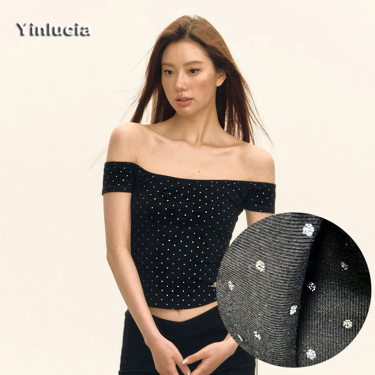 Big Neck Shiny Sequin Stretch Slim Short Tee Navel Tops Women Blouses Sexy Off Shoulder Blouse Party Hot Babes Pullover Y2K