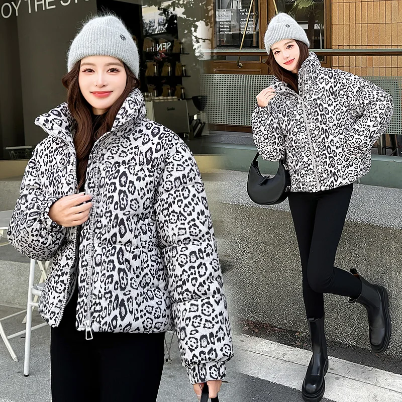 Leopard Print Women's Cotton Jacket Loose Fit Winter Warm Stand Collar Zipper Quilted Padded Crop Y2K Parka Outerwear for Female