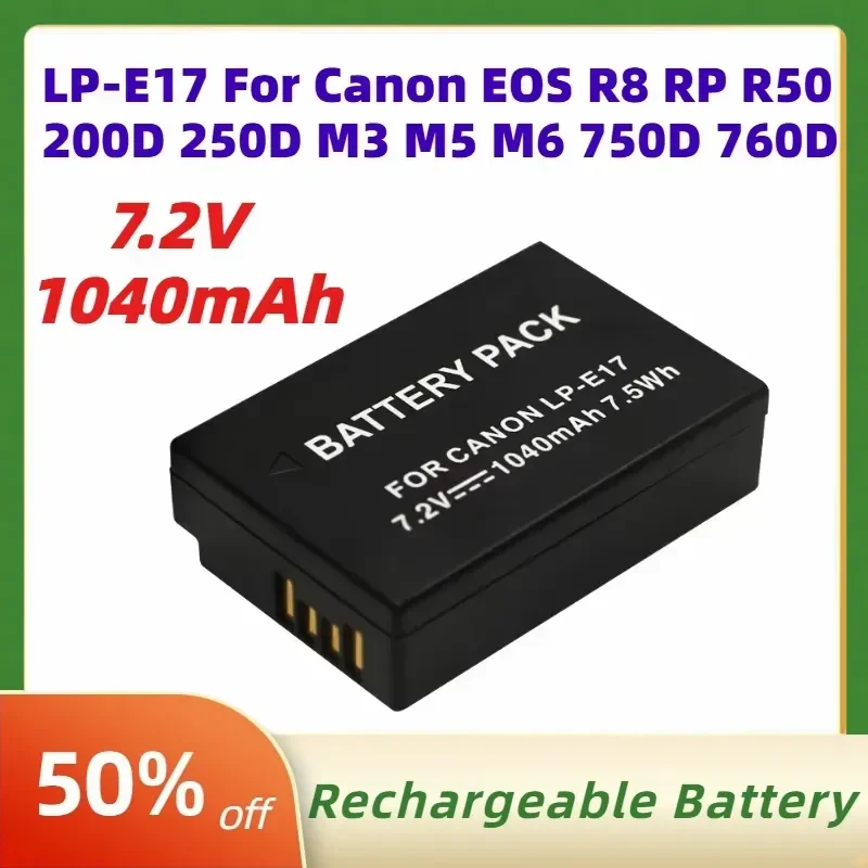 7.2V 1040mAh LP-E17 Li-lon Digital Batteries for Canon EOS R8 RP R50 200D 250D M3 M5 M6 750D 760D T6s Rechargeable Battery