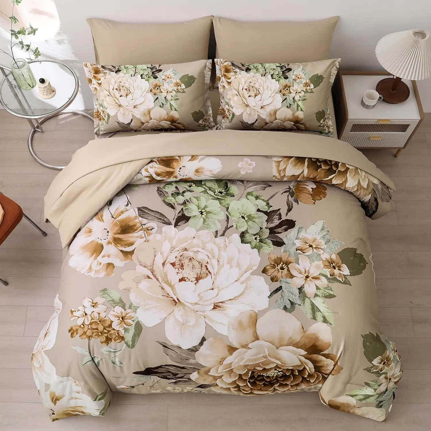 Dintszyayue Khaki Comforter Set King Size 7 Pieces Floral Bed In A Bag Taupe Flower Green Leaves Bed Comforter Set Soft Bedding