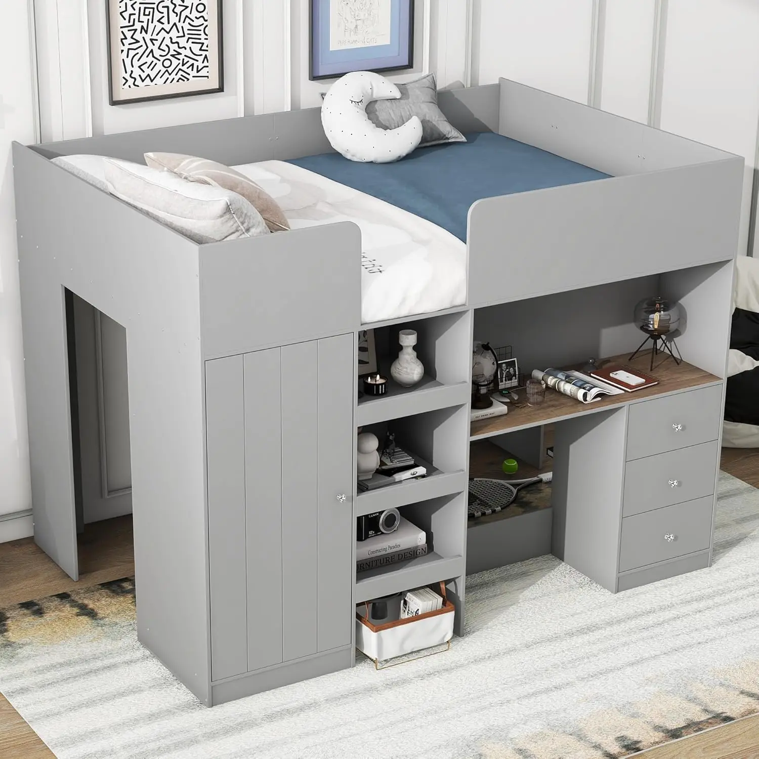 Cama alta de madera de tamaño completo con armario incorporado, escritorio, estantes y cajones de almacenamiento, para dormitorio de niños, adolescentes y adultos, gris