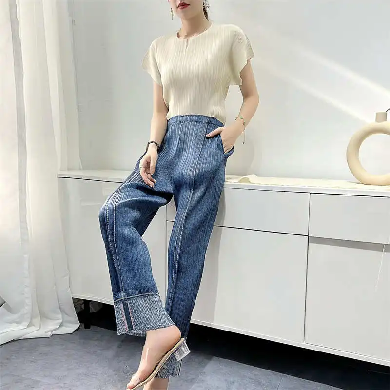

Miyake Spring and Autumn New Folded Pants Children's Printed Jeans Casual Pants Pleat Temperament Commuter Versatile Pleated