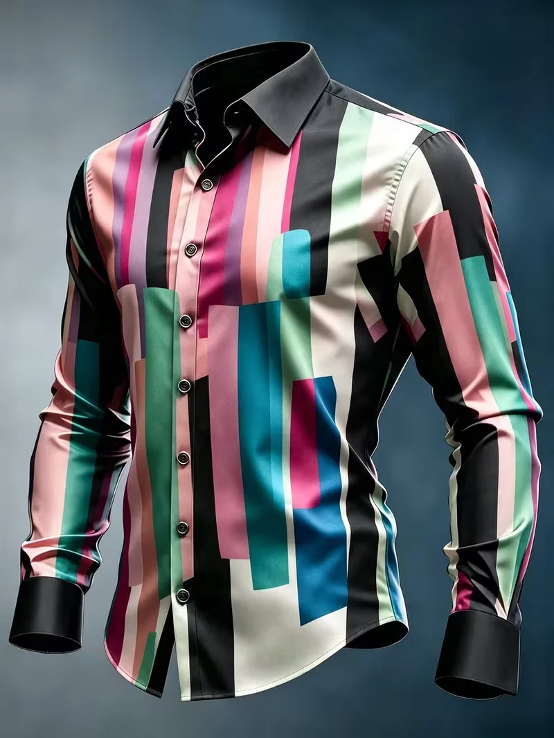 New Watercolor Flower Splicing 3D Printed Long Sleeved Shirt, Fresh and Luxurious Men's Slim Fit Shirt Top