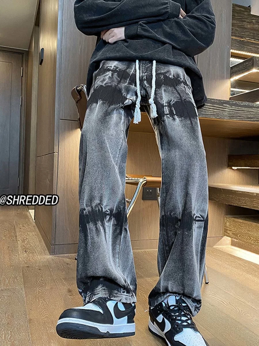 

American hiphop plush jeans for men in autumn and winter straight tube loose trousers Trendy Brand Ruffian Shuai High Street