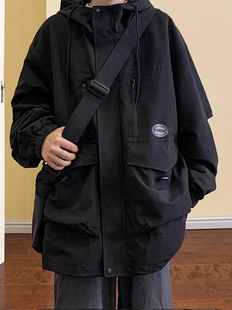 

Мужская уличная куртка: ветрозащитная, водонепроницаемая, для походов, с капюшоном, рабочая одежда, молодежная, модная, свободного кроя, удлиненная