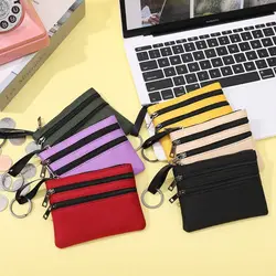 Zipper Wallet Fashion 3-layer Canvas Mini Purse Coin Bag Solid Color Simple Storage Pouch Money Pocket Women Girls Coin Key Bag