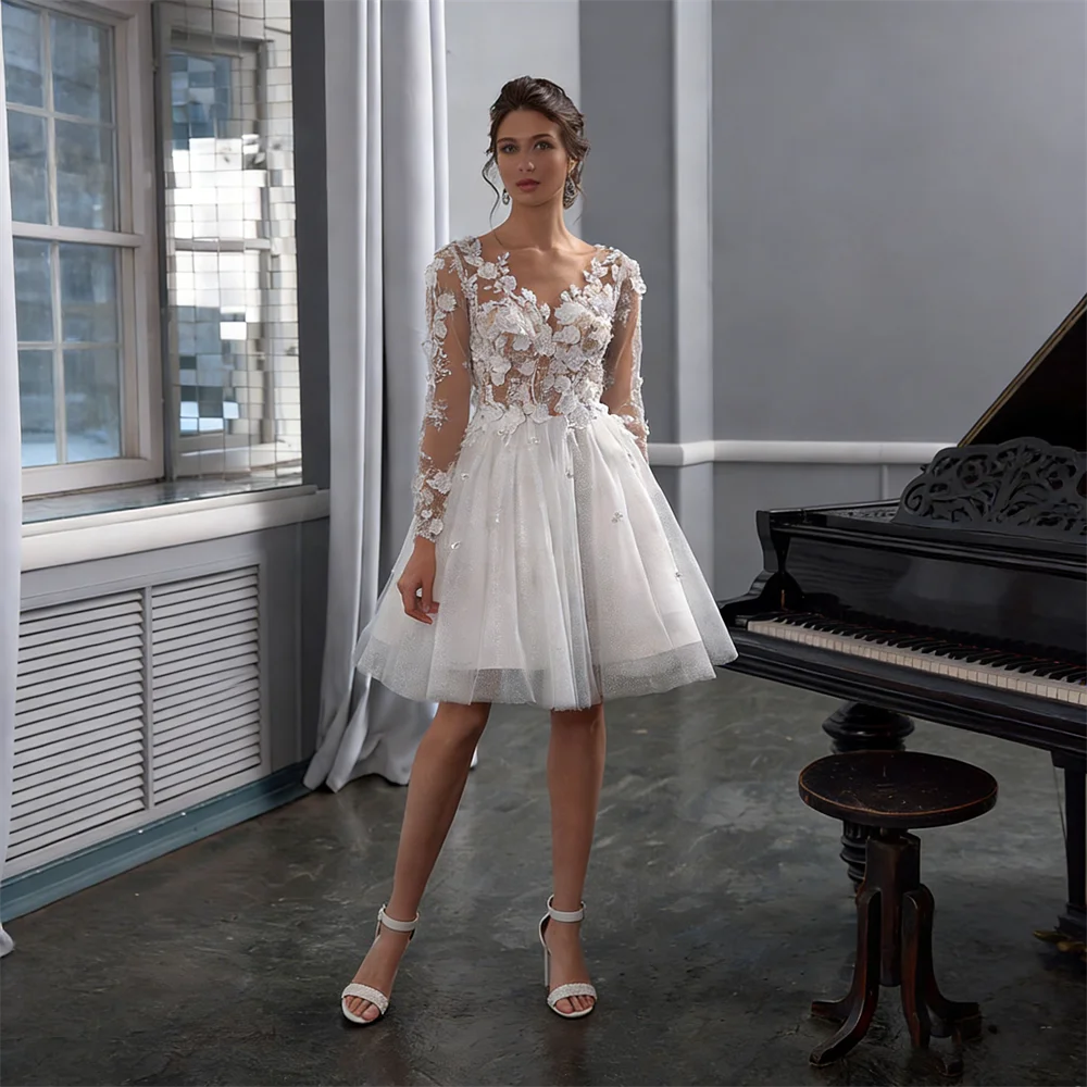 

Свадебные платья в стиле бохо с V-образным вырезом, 3D цветами, длинными рукавами, из тюля, А-силуэта, мини-длина, элегантное свадебное платье с застежкой-молнией на спине для невесты