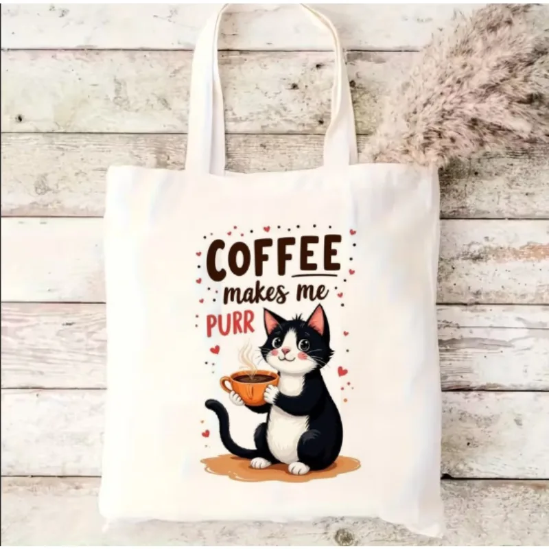 Coffee Cat Canvas Shopping Bag Large Capacity Handbag Rectangular Canvas Material Modern Shopping Gifts Parties and Travel Decor