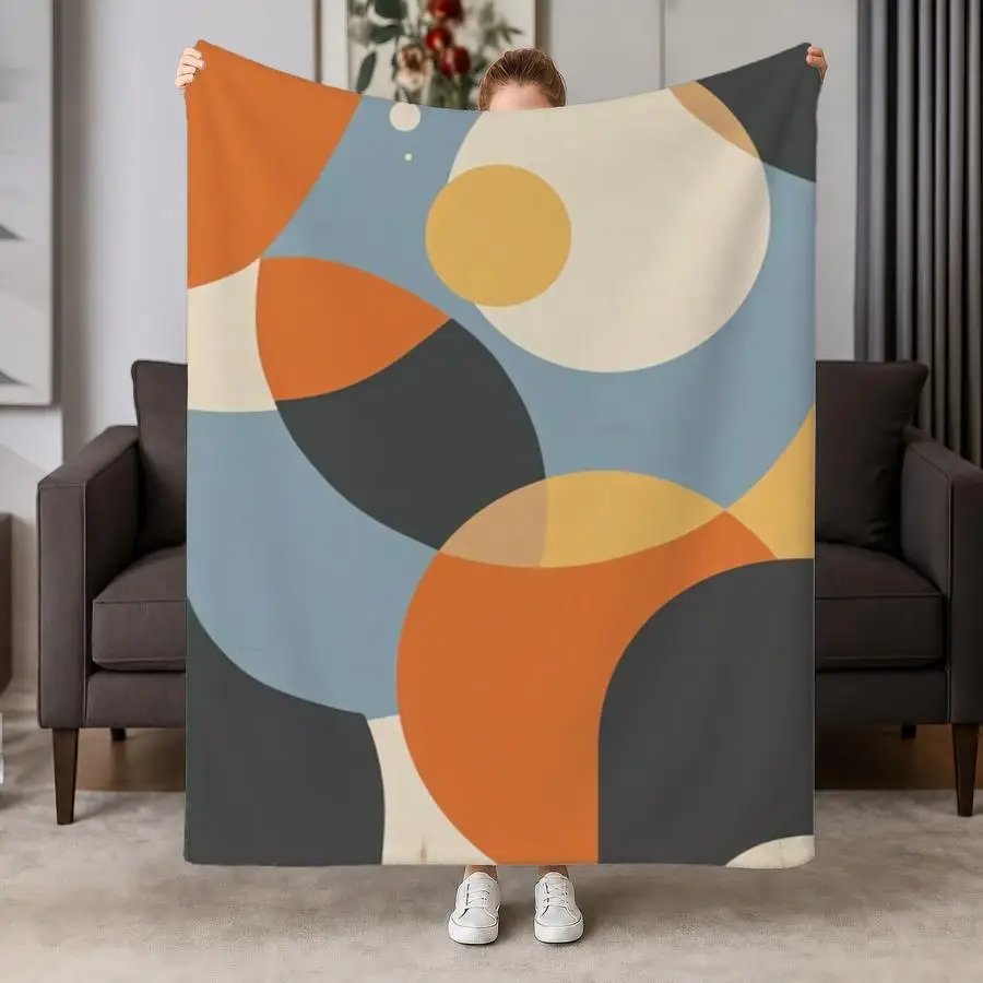 Mid-Century Modern Abstract Throw Blanket - Soft Flannel with Warm Orange & Blue Geometric Shapes, Cozy Decor for Couch, Bed & Office, Machine Washable Gift for Family Weighted Blanket 280GS