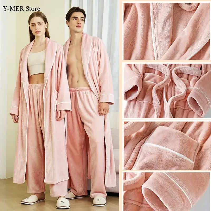 

Lady Pink Sleepwear Thicken Flannel Kimono Gown and Pants 2Pcs Pajamas Suit Couple Nightwear Long Sleeve Bathrobe Loungewear