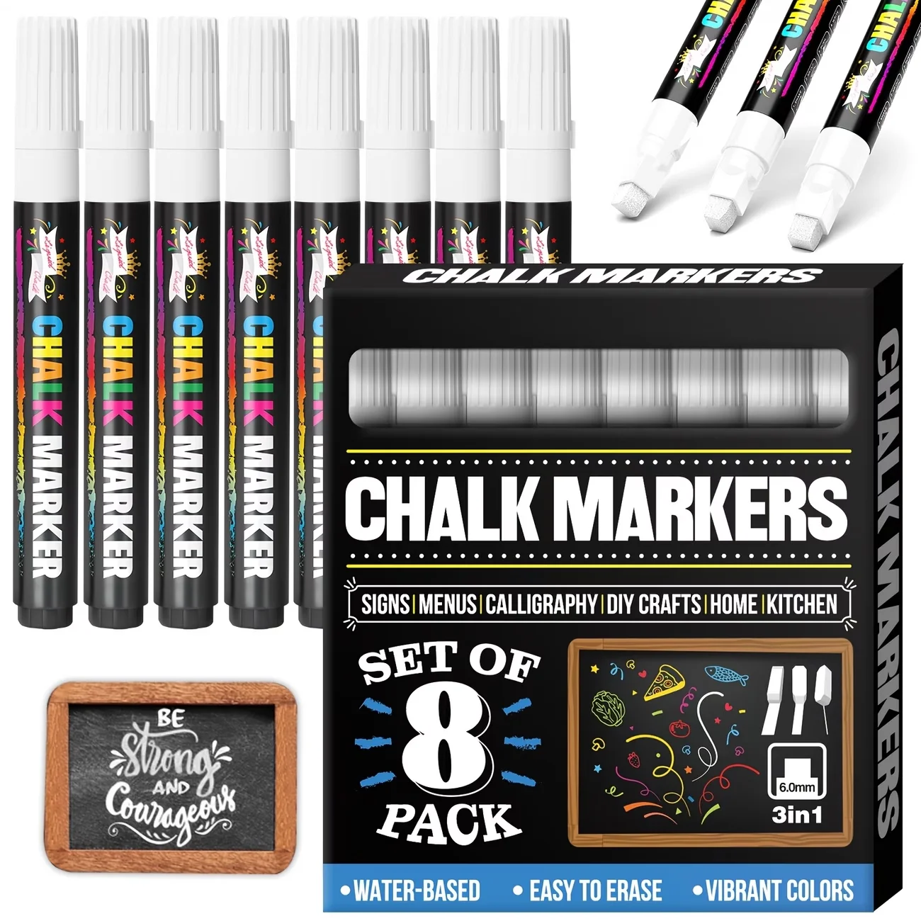 FLYSEA White/Multicolor Quick-Dry Dual-Tip Erasable Chalk Markers, 8-Pack Liquid Chalk Marker Pens for Blackboard, Glass, Car Windows & Menu Boards