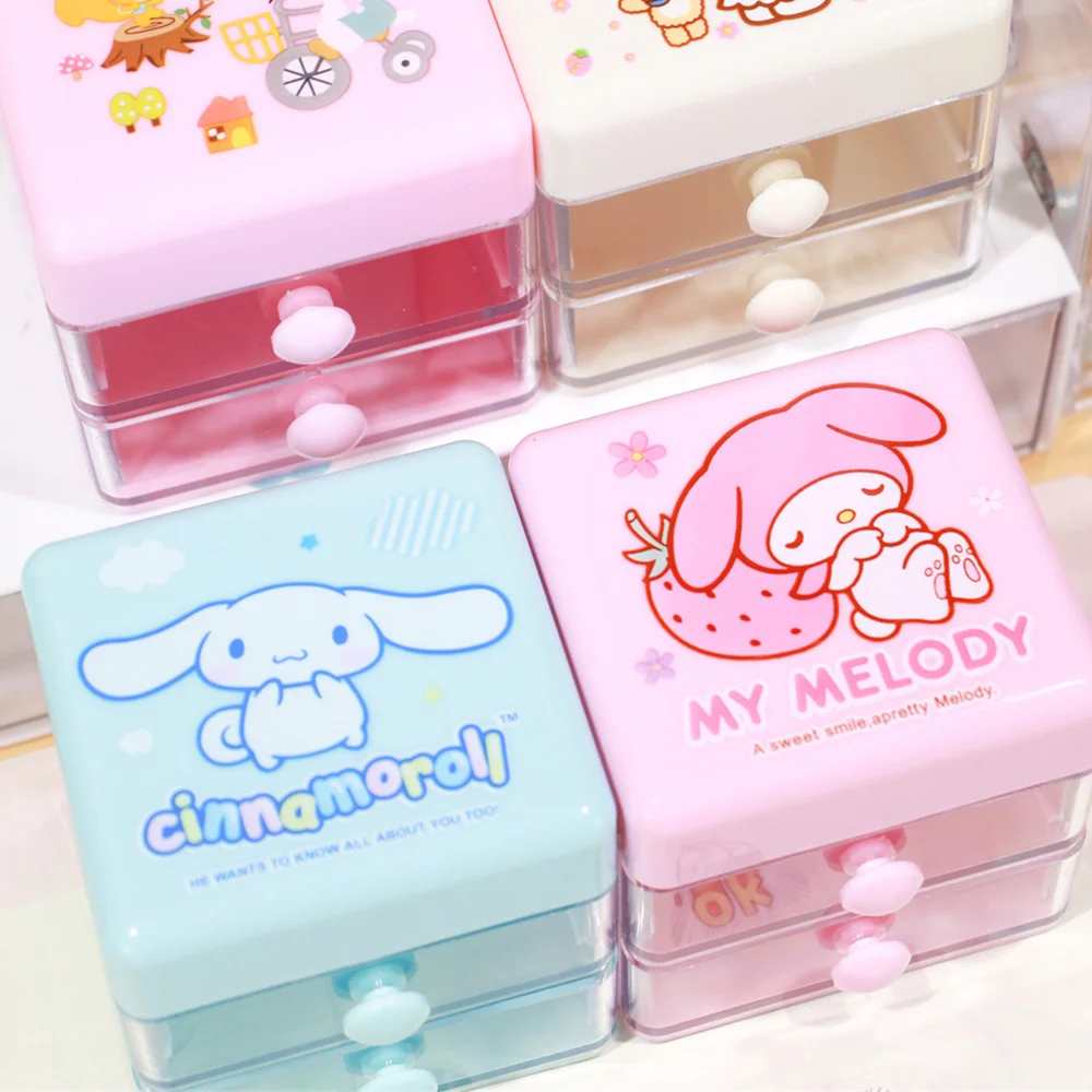 Sanrio Mini Desk Organizer Cartoon Hello Kitty Cinnamoroll Melody Double Layer Jewelry Stickers Storage Box Girls Gifts