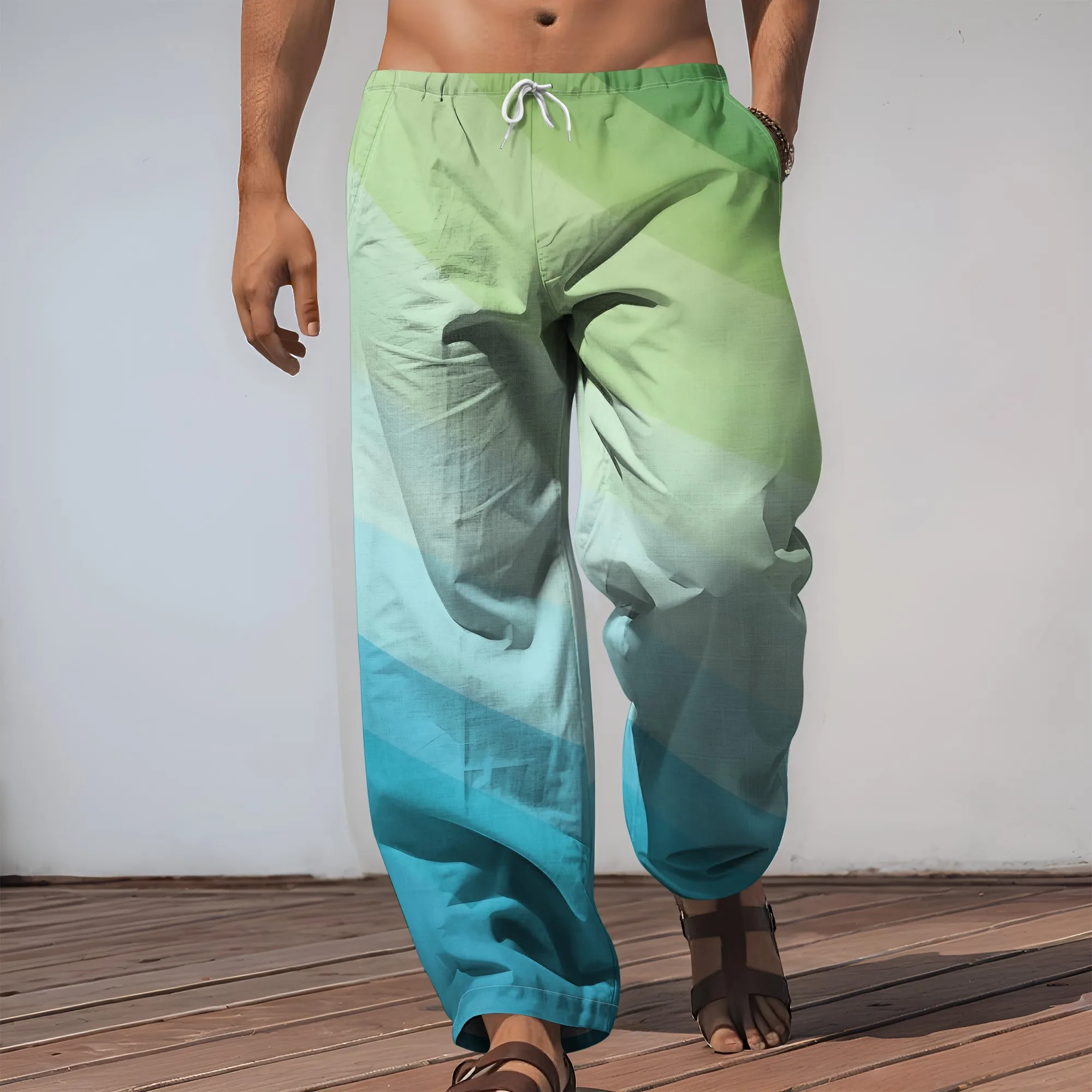 YEAE зелено-синие брюки с градиентным принтом в полоску для мужчин, летние повседневные свободные брюки на шнурке