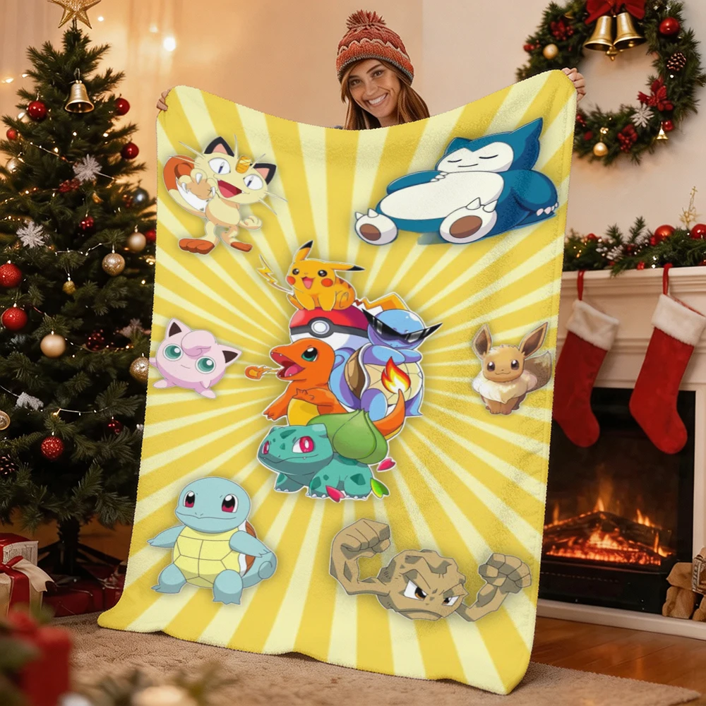 Pokemon Pikachu Gengar Bulbasaur Charmander Squirtle Psyduck Flannel Throw Blanket Soft Warm Blanket for Sofa Bed Home Decor Gif