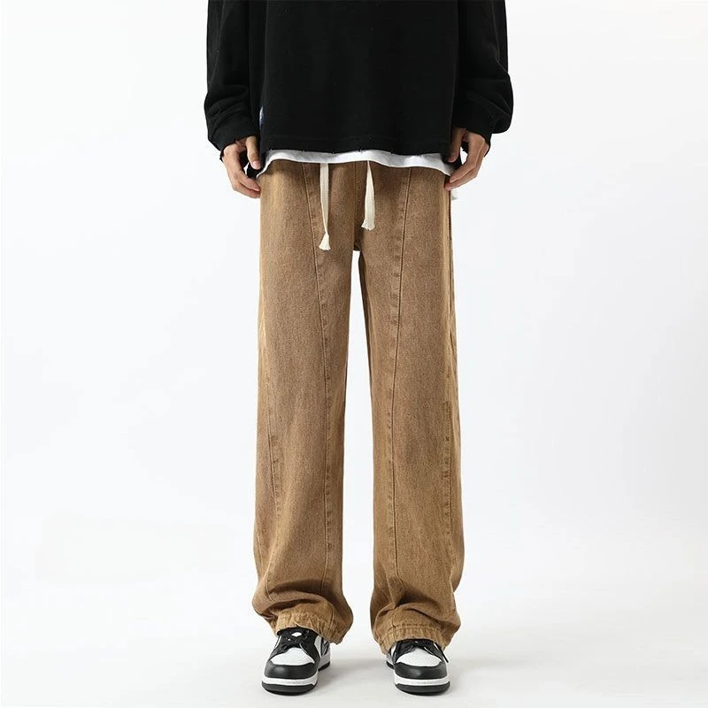 بنطال بنمط American Vibe بنطال جينز عالي الشارع برباط مغسول وخصر مطاطي وواسع الساق مقاس كبير