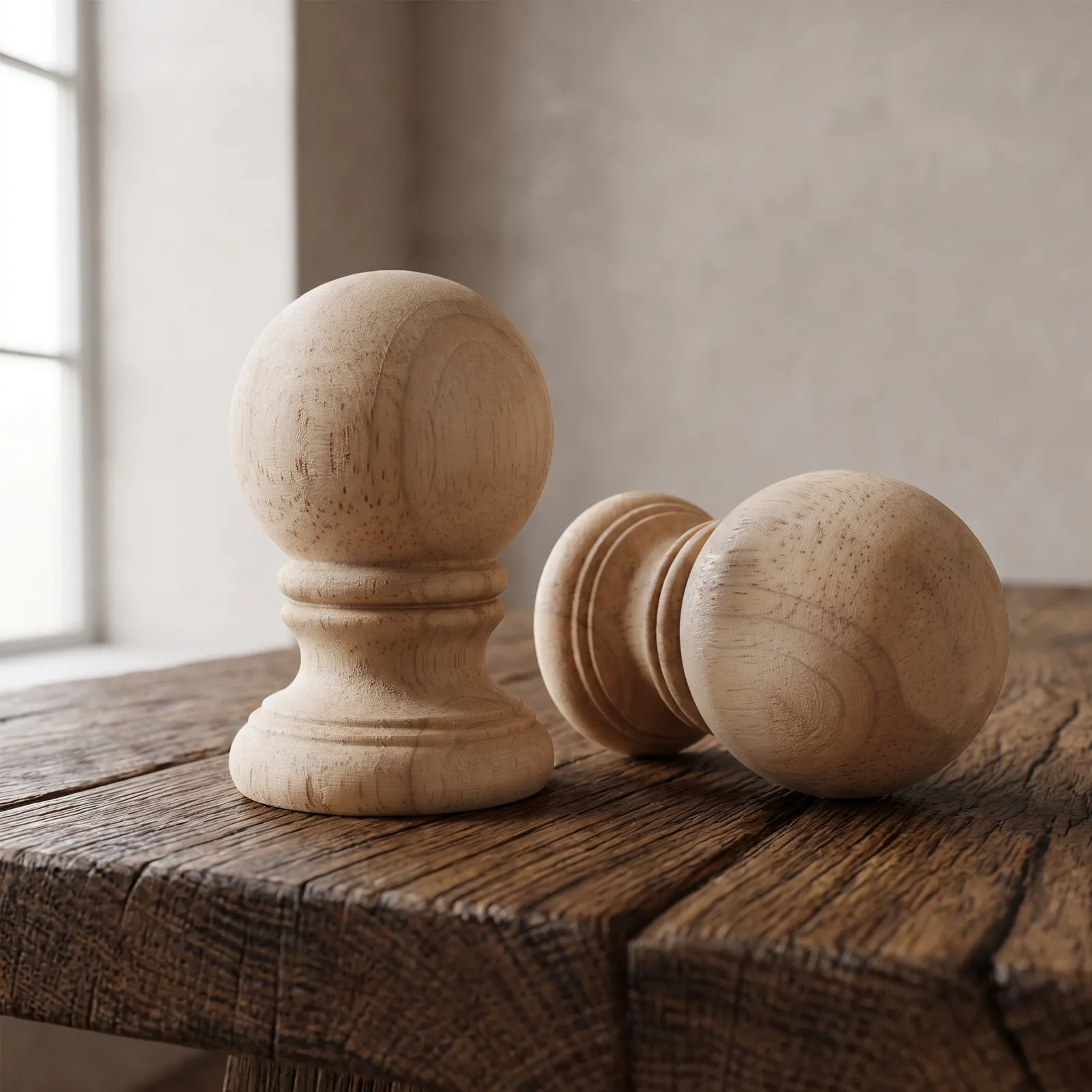 2Pcs Wooden Finials Unfinished Carved Furniture Fittings for Curtain Rod Ends Bedposts Stair Posts Vintage Decorative Wood