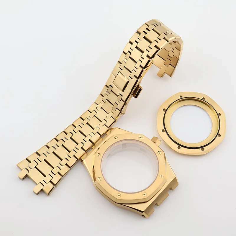 42 مللي متر PVD الذهب الملكي البلوط الفولاذ المقاوم للصدأ ساعة الحالات مع كريستال الياقوت ل Seiko Mods NH35 36 استبدال أجزاء الحركة #3