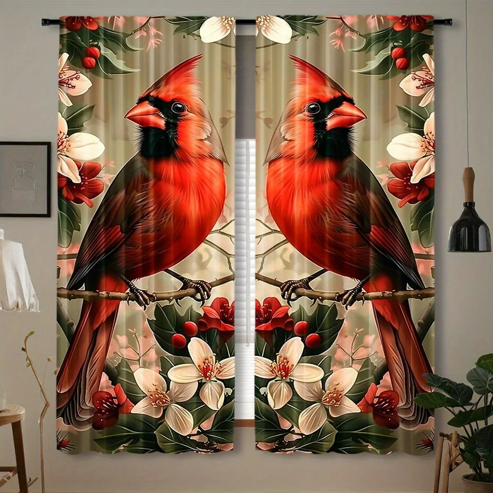 2pcs Cardinal Bird Print Curtains Floral Branch Design Nature Theme Vibrant Style Polyester Window Drapes for Living RoomBedroom