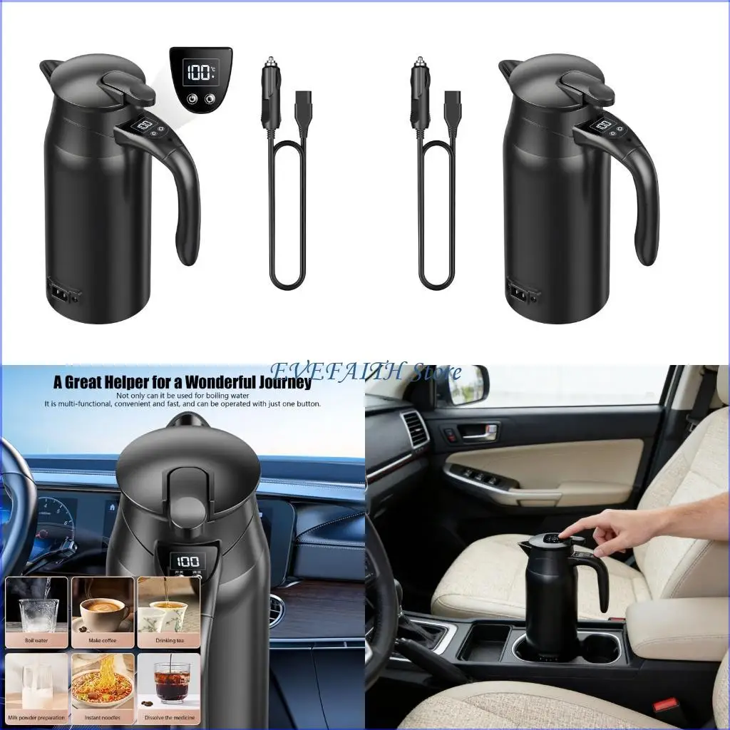

124B High Capacity Electric Kettle for Car 800ml Featuring Digital Temp Control Double Layer Insulation 12V 24V Universal
