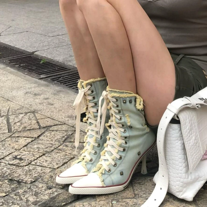 Niche Studded Canvas High Heel Boots for Women 2026 Fall/Winter New Lace-Up Slimming Pointed Toe Stiletto Ankle woman Boots