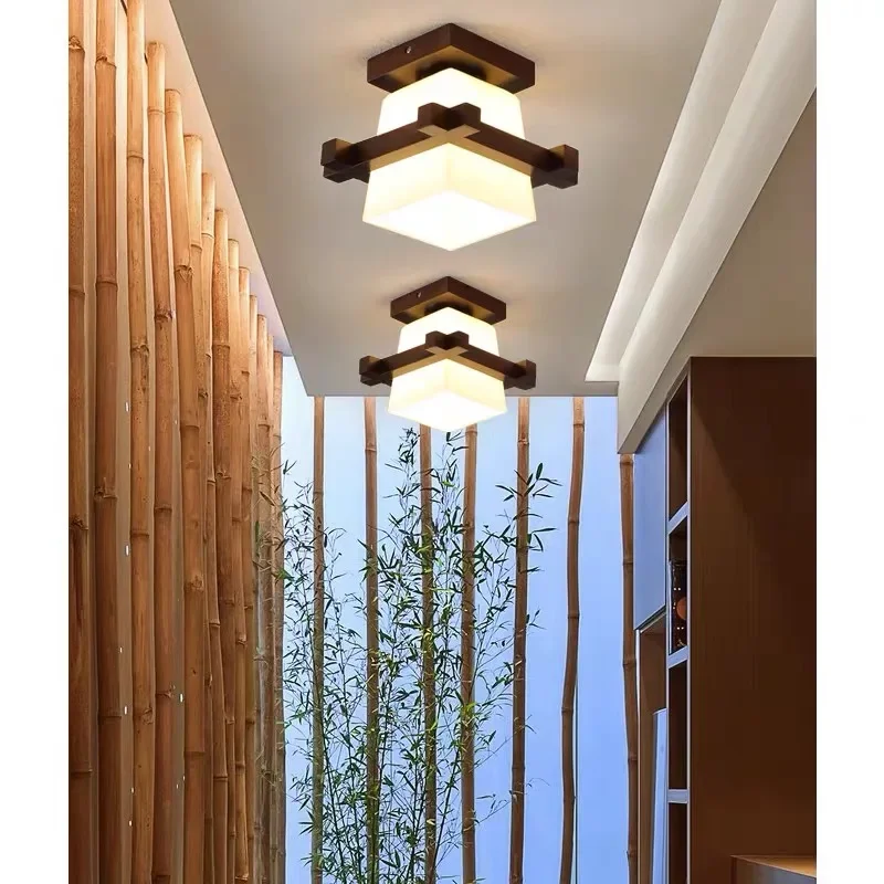 Simple Modern LED Ceiling Lamp Japan Retro Wooden Glass Lamp For Living Room Bedroom Hallway Porch Balcony Light Fixtures Decor