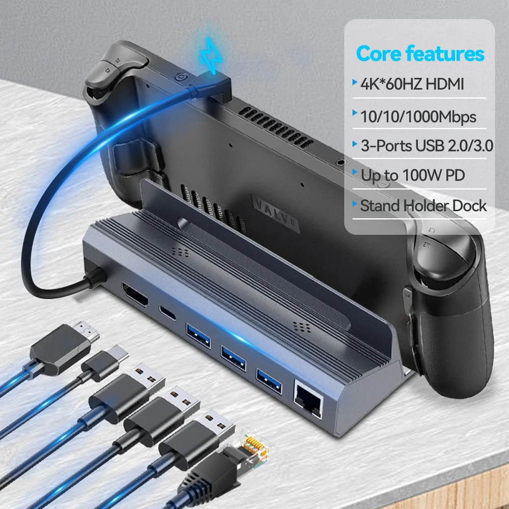 Expansion Dock 6-in-1 Hub Gigabit Network Port USB3.0 Desktop Host Base Hub Aluminum Alloy Type-C HDMI-compatible for Steam Deck