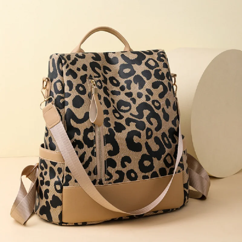 

2026 Новый женский модный леопардовый дизайн, большой вместительный противоугонный дорожный рюкзак, высококачественные кожаные сумки на плечо, школьная сумка