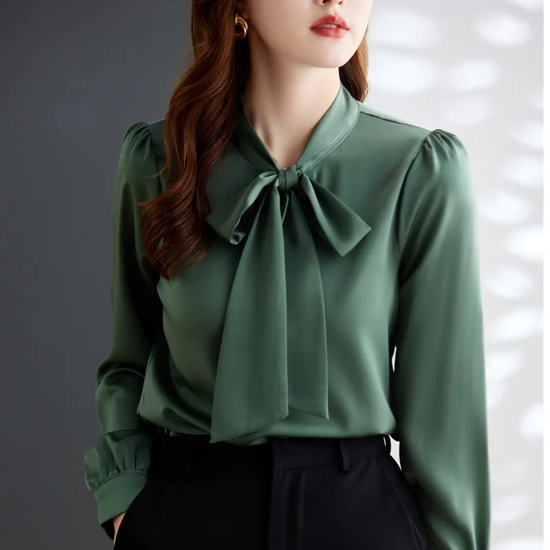 Bow Tie Long Sleeve Shirt Women New Fashion Temperament Design Autumn Professional Acetata Satin Blouses Office Ladies Work Tops