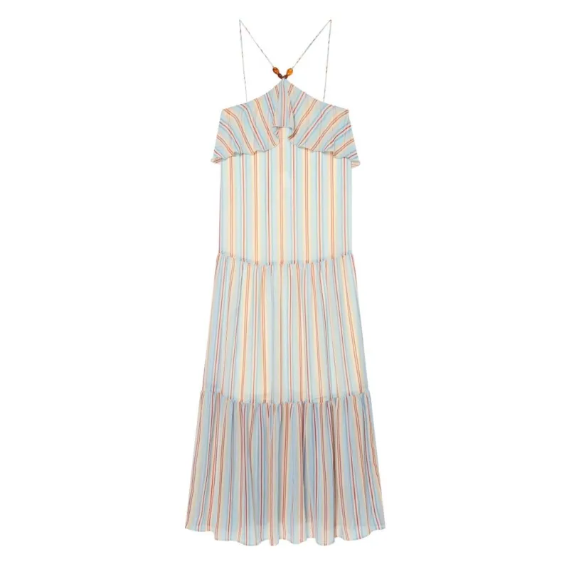 

Women Striped Ruffle Dress 2026 Summer Fashion Halter Neck Sleeveless Holiday Backless Dress Casual Female Bohemia Long Dresses
