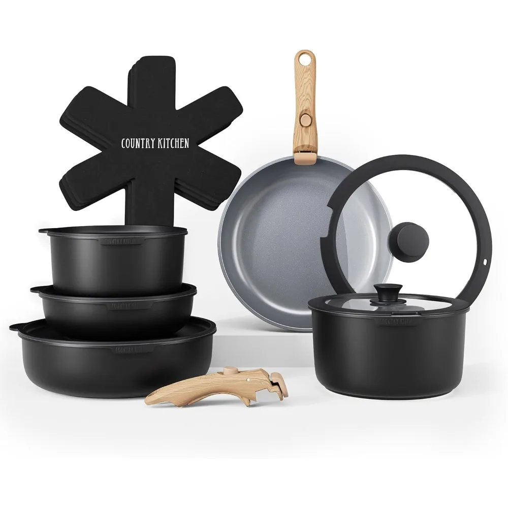 

Cookware Set with Removable Handle, Oven & RV Safe Pots and Pans Set, Black/Grey Wood Handle