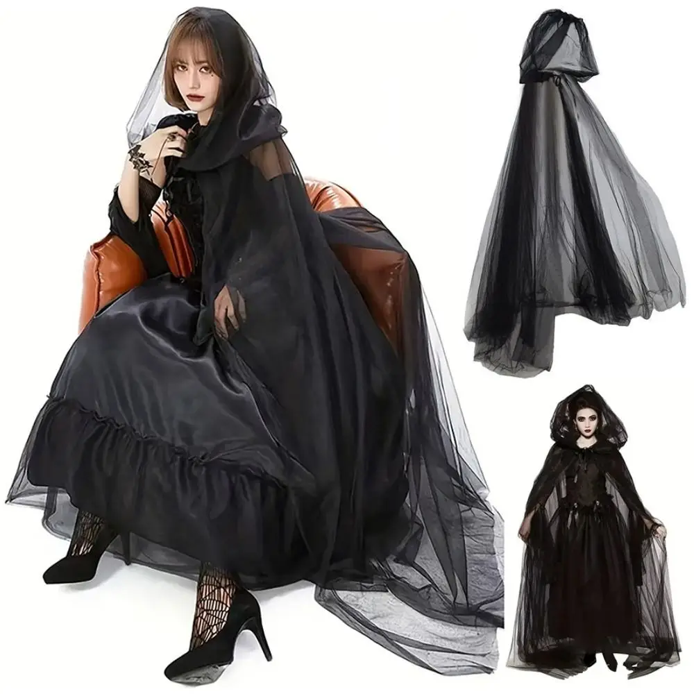

Funny Transparent Mesh Ghost Cloak Dress Up Cosplay Women Halloween Costume Accessories Lace Up Hooded Cloak Children