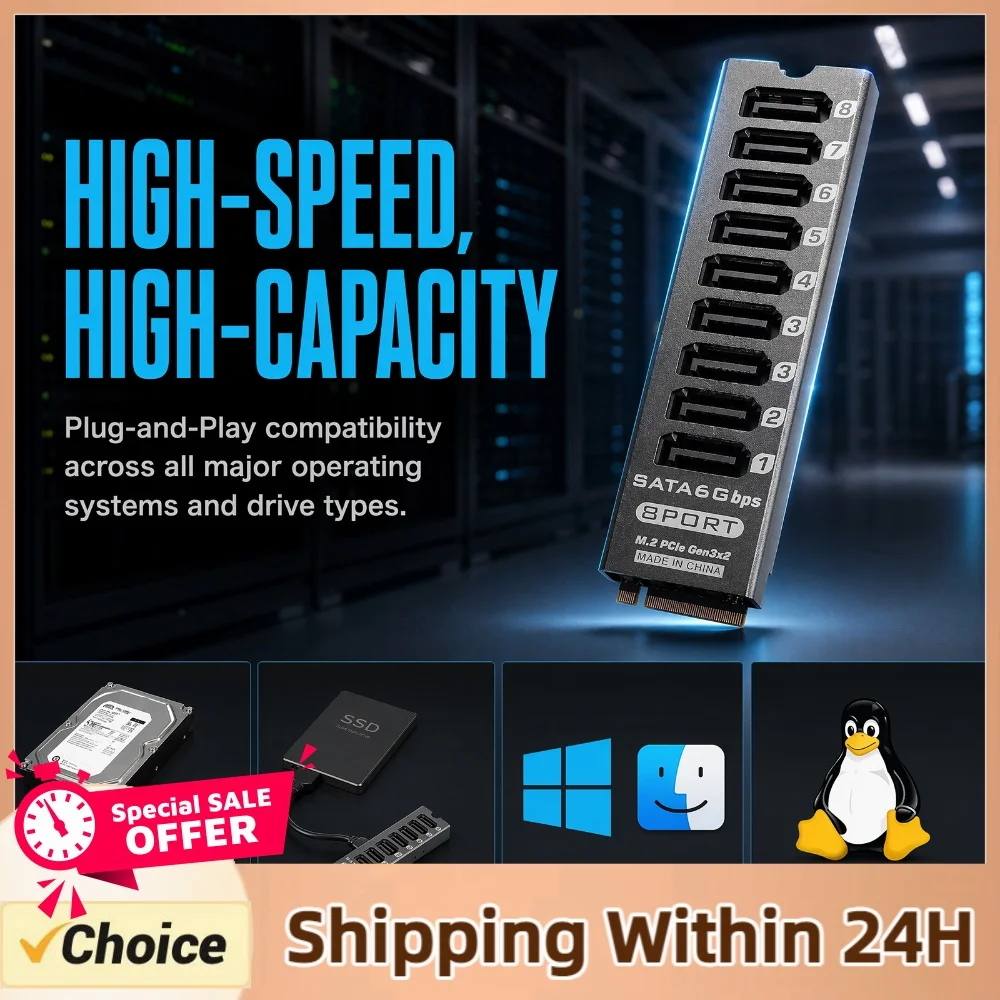8 Port SATA 6Gbps for M.2 for M-Key Expansion Card PCIe 3.0 X2 HDD SSD Controller for Desktop NAS