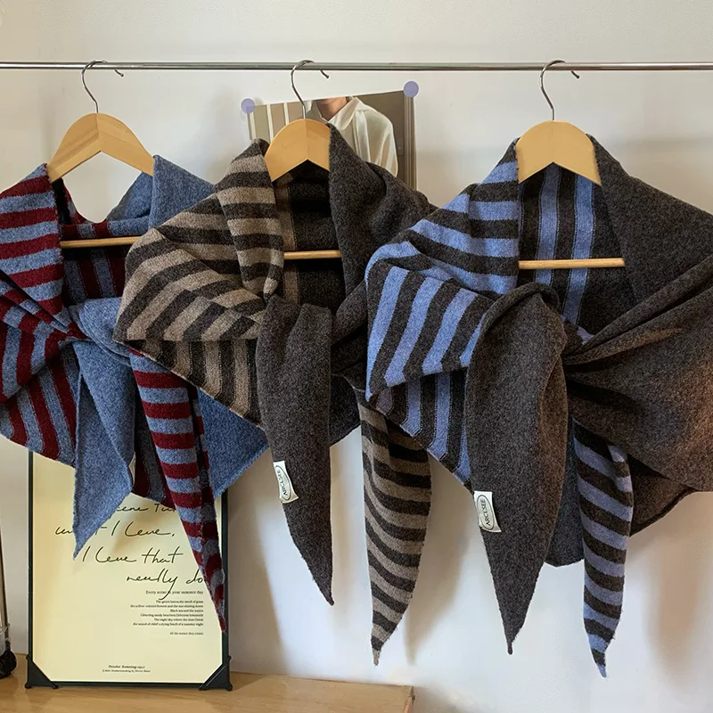 محبوك 2025 الخريف/الشتاء جديد مخطط مثلث وشاح دافئ محبوك حماية الرقبة شال #5